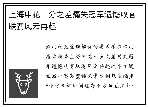 上海申花一分之差痛失冠军遗憾收官联赛风云再起