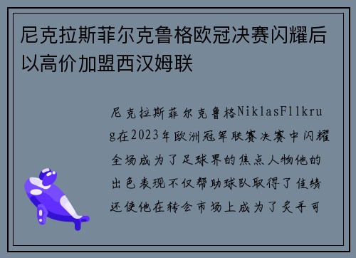 尼克拉斯菲尔克鲁格欧冠决赛闪耀后以高价加盟西汉姆联
